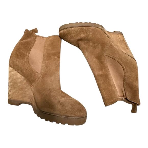 Michael Kors Thea Caramel Camel Tan Wedge Suede Bootie Boots Size 8 - Picture 6 of 11